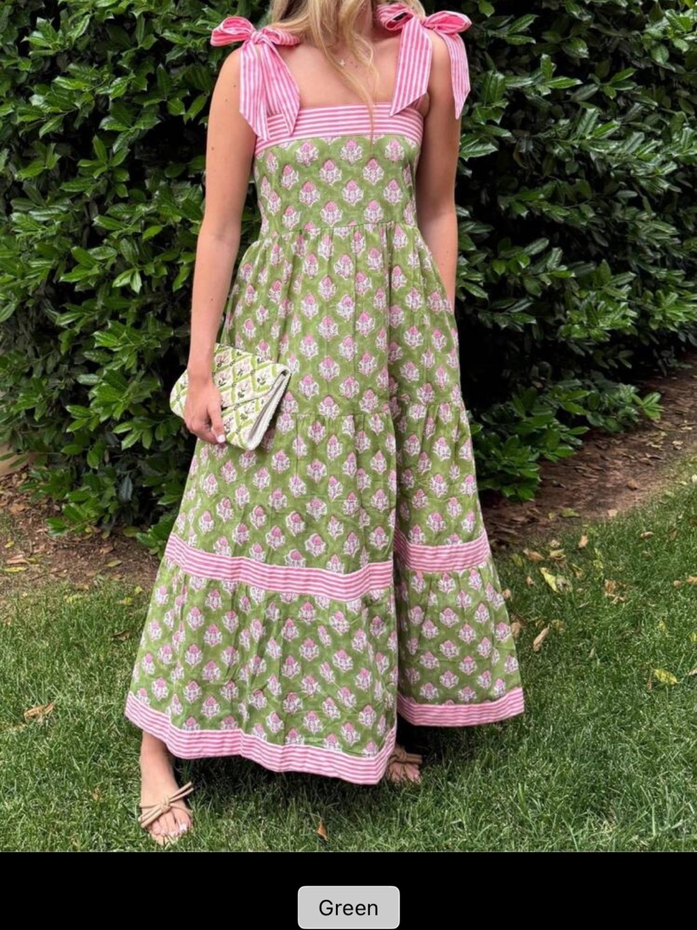 Green and Pink Floral Tie-Shoulder Maxi Dress